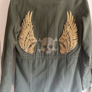 Vintage Brand Olive Jacket with Gold Wing and Skull Design